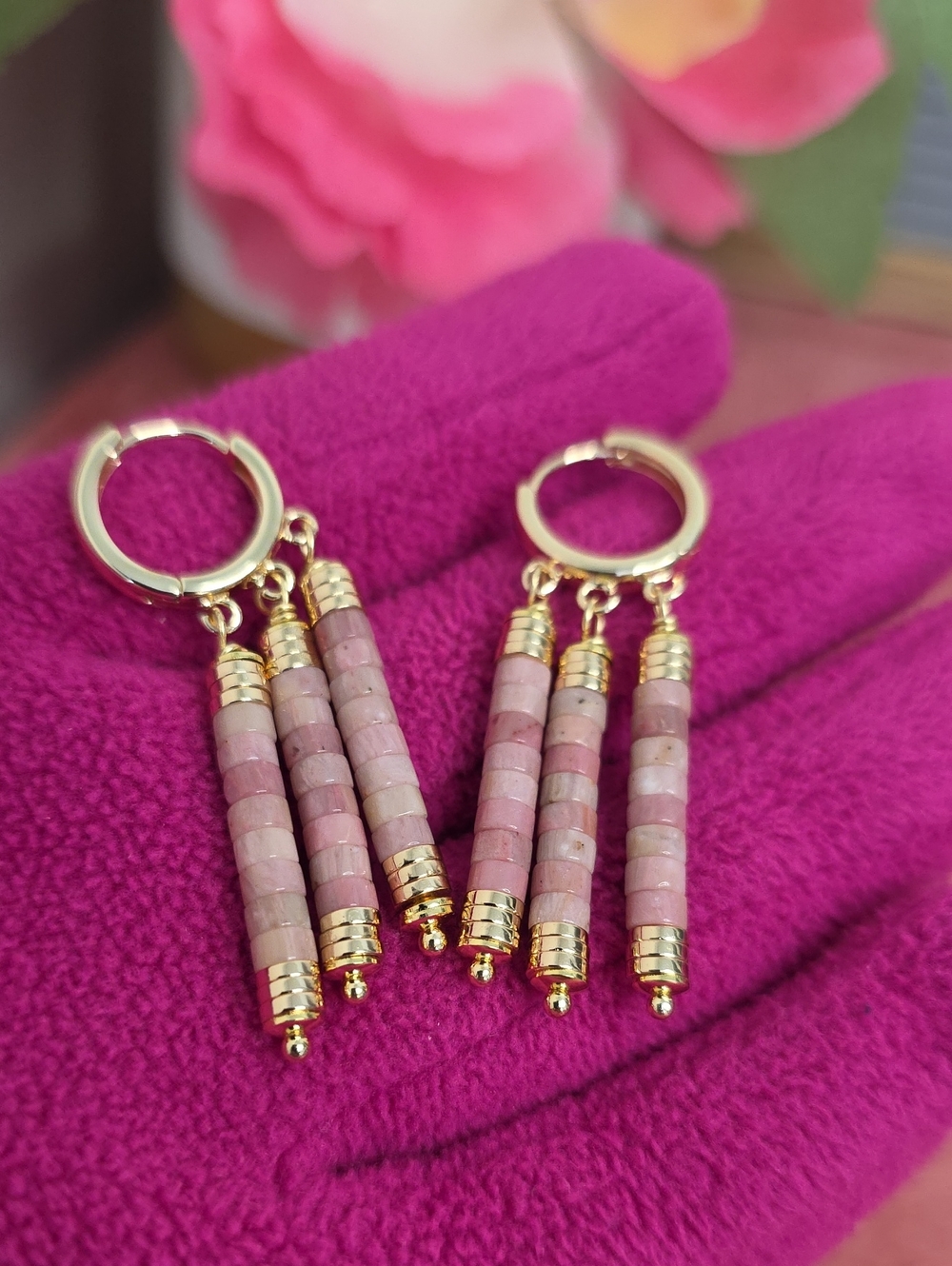 🔹️FINAL SALE🔹️Gold Hoop Earrings with Pink Rhodosonite Stone Tassels